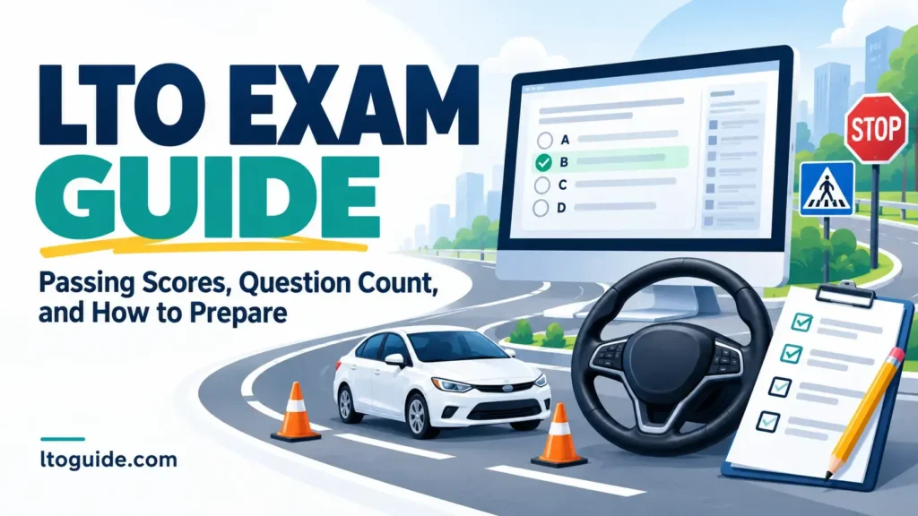 LTO exam guide featuring a written test road signs and practical driving preparation. 1 LTO exam guide featuring a written test, road signs, and practical driving preparation.
